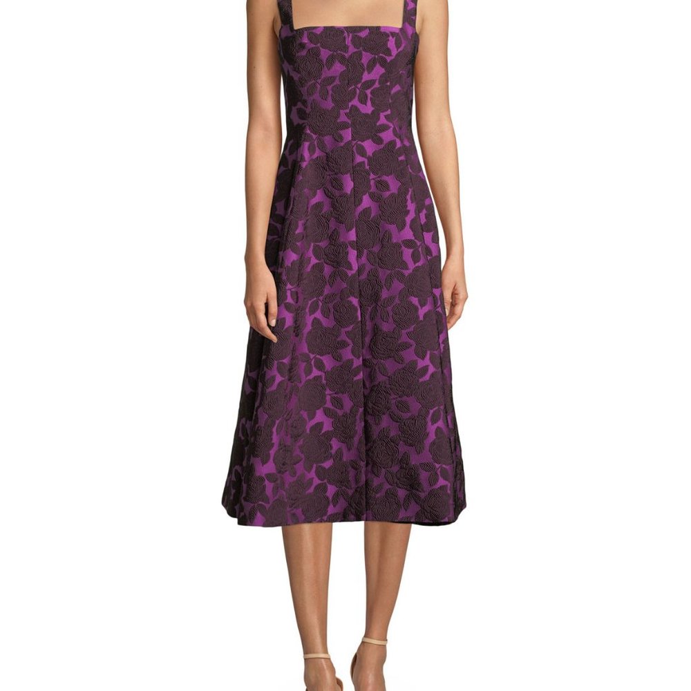 Lela Rose Square-Neck MidiSleeveless Floral-Jacquard Fit-and-Flare Dress Size 16